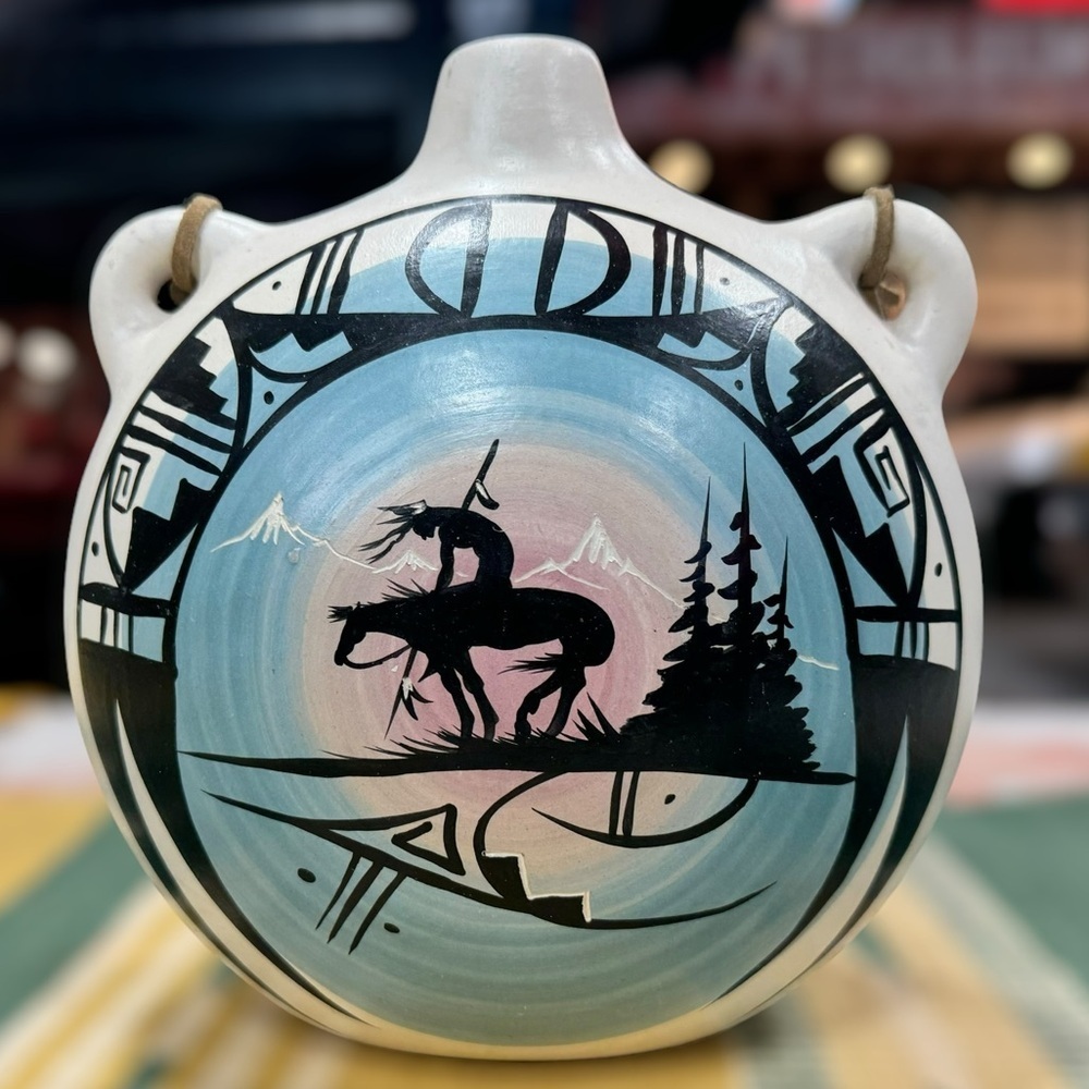 Southwest Native Artist Signed Inez Pottery Wall Hanging Canteen Vase
